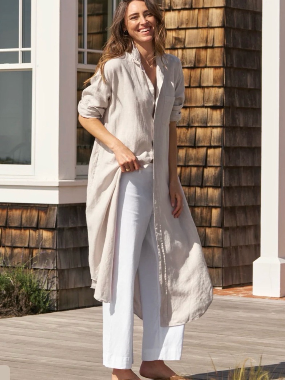 Frank & Eileen Long Linen Shirt Dress in Light Beige